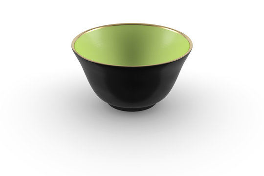 Black and green Japanese or Chinese porcelain empty tea bowl with gold edging