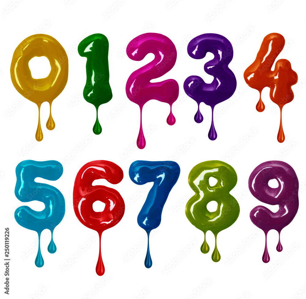 Fototapete thick numbers made of colorful glaze with falling drops in high resolution (part 2. numbers)