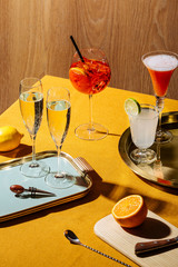 Prosecco glasses and prosecco cocktails: Tintoretto, Spritz Veneziano and Lemon Sherbed. Pop contemporary style