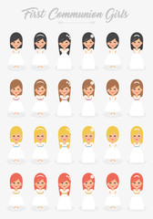 Set of First Communion Girls with different hairs and dresses. Isolated Vector