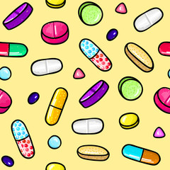 Seamless pattern with lot of pills and capsules. Medicine or dietary supplements. Healthy lifestyle. Alcohol markers style. Doodle. Health and care. Design for clinics, hospitals, pharmacies. Vector