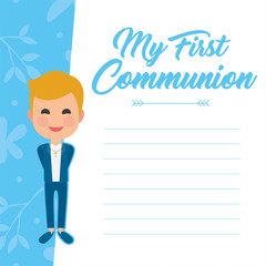 My first communion invitation with message on blue background. Vector