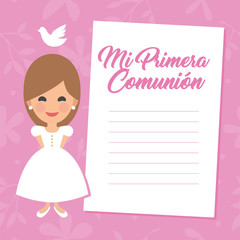 My first communion invitation with message on pink background. Vector