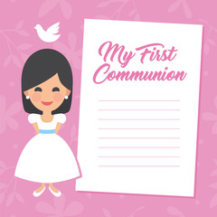 My first communion invitation with message on pink background. Vector