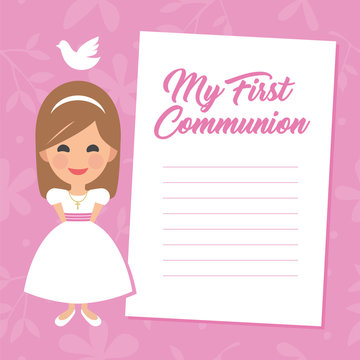 My first communion invitation with message on pink background. Vector