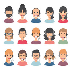 The best Set of Call center operator with headset. 15 Female and male avatar set. Client services and communication, customer support, phone assistance, information, solutions. Vector