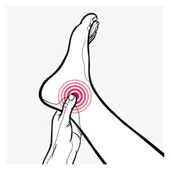 Stretch out one's hand to touch the foot because have ankle pain. Drawn by hand. Vector medical scenes.