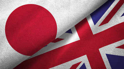 Japan and United Kingdom two flags textile cloth, fabric texture