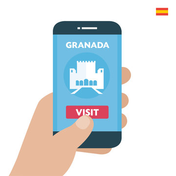 Buy ticket. Granada Travel. Payment smartphone concept. Visit city