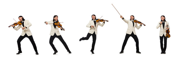 Man with violin playing on white