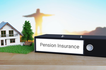 Retirement. File Folder labeled with the term Pension Insurance lies next to a house model on a desk. Silhouette and sunset in the background.