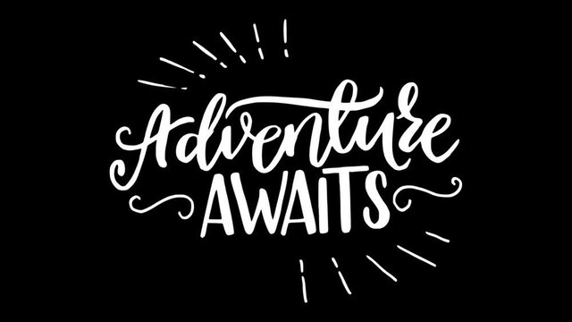 Animated lettering text Adventure awaits on transparent background. Fading in writing calligraphy inscription with decorative elements. Alpha channel animation for ecard, slide show opening, screen