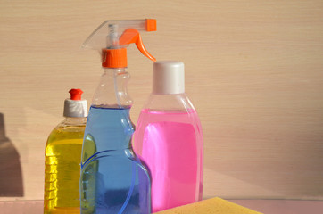 Household items,domestic cleaning sanitary supplies. window cleaner, cloth, brush, spring cleaning