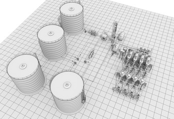 oil refinery, chemical production, waste processing plant, exterior visualization, 3D illustration