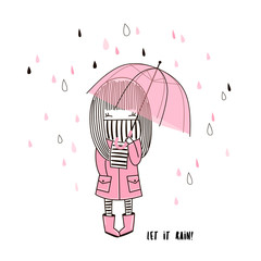 Cute little girl in pink coat and stripy scarf hiding under umbrella during during the rain weather. Vector doodle illustration in pink colour for girlish designs like textile apparel print, wall art