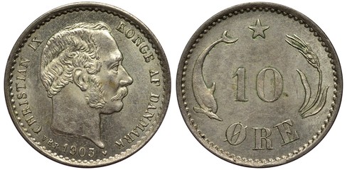 Denmark Danish silver coin 10 ten ore 1903, head of King Christian IX right, denomination flanked by dolphin and grain stalk, star above,