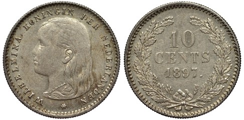 The Netherlands Dutch coin 10 ten cents 1897, younger head of Queen Wilhelmina left, value and date...