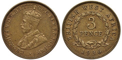 British West Africa coin 3 three pence 1936, bust of King George V in rich clothes left, value...