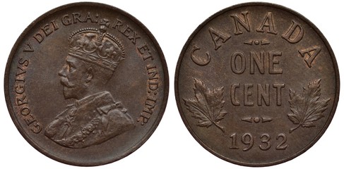 Canada Canadian coin 1 one cent 1936, bust of King George V in rich clothes left, value and date flanked by clover leaves, country name above,