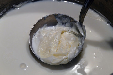cooked milk and milk cream on it, The pellicle formed on milk, baked milk in a pot and milk cream on it,