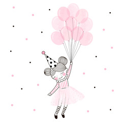 Cute happy birthday girl in pink ballerina skirt flying away with a bunch of pink balloons. Vector doodle illustration in pink colour for girlish designs like textile apparel print, wall art, poster