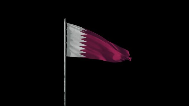 Flag of Qatar on flagpole waving on wind, realistic 3d animation on black seamless loop, 20 seconds long (alpha channel is included)
