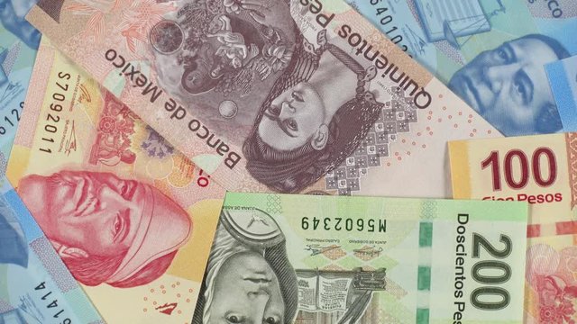 Mexico peso notes slow rotating. Mexican money, currency. 4K stock video footage.