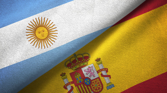 Argentina and Spain two flags textile cloth, fabric texture