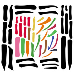 Main Chinese hieroglyphs calligraphy graphic symbol colored element frame set (HORIZONTAL, VERTICAL and FALLING LEFTWARDS)