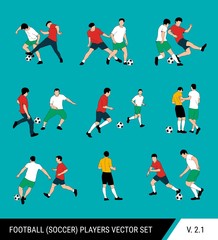 Football, soccer players vector set. Different poses of players, football players in motion: the struggle for the ball, the dispute of a football player with the judge, a trick, overtaking.