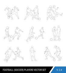 Fototapeta na wymiar Football, soccer players outline vector set. Different poses of players, football players in motion: the struggle for the ball, the dispute of a football player with the judge, a trick, overtaking.
