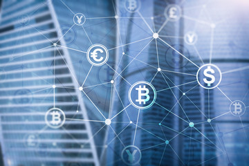 Double exposure Bitcoin and blockchain concept. Digital economy and currency trading.