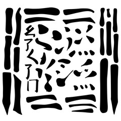 Main Chinese hieroglyphs calligraphy graphic symbol colored element set (HORIZONTAL, VERTICAL, DOT, SINGING CRICKET, CURLED DRAGON, FROLICKING BUTTERFLY and SURROUNDING LINE)