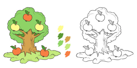 coloring book apple tree with yellow and red apples