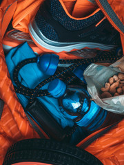 Sports bag and gym equipment with health snack nuts
