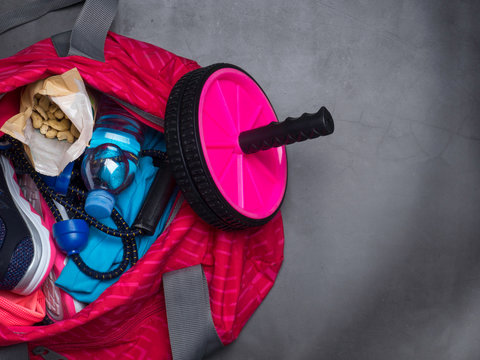 Sports bag and gym equipment with health snack nuts