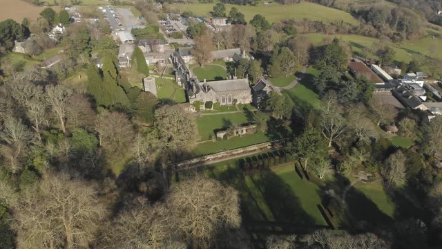 Aerial view of Dartington Hall Gardens estate in British countryside