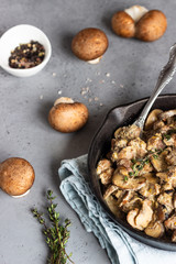 Meat stewed with mushroom and thyme in a cast-iron pan.  Grey concrete background. Copy space. 