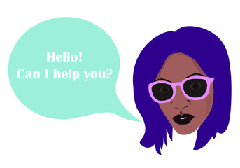 black african woman's head and comics balloon text Hello, can I help you? illustration representing female staff, vendor, consultant at the store, manager, virtual assistant. template for any text