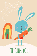 Thank you vector card with a rabbit holding a carrot