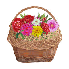 Fototapeta na wymiar Wicker basket with flowers, vector isolated illustration