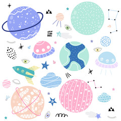 Fototapeta premium Set os cartoon cute space objects, planets, stars and comets.Modern hand drawn style. Vector Illustration.