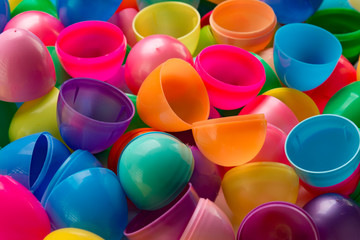 Brightly colored plastic Easter eggs background
