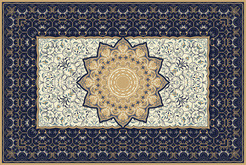 Vintage Arabic pattern. Persian colored carpet. Rich ornament for fabric design, handmade, interior decoration, textiles. Blue background. - 250131030