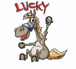 a cartoon horse holding one of his shoes in his hands for good luck vector illustration