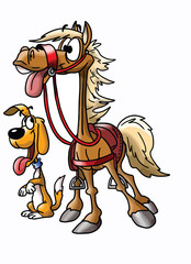 Friendship between a cartoon horse and a dog vector illustration