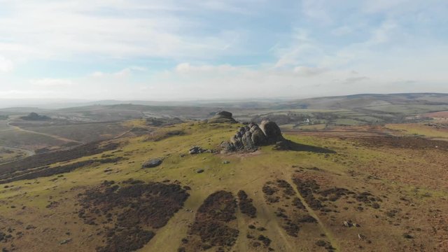 Aerial drone footage of beautiful Hay Tor & Dartmoor landscape