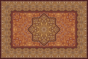 Vintage Arabic pattern. Persian colored carpet. Rich ornament for fabric design, handmade, interior decoration, textiles. Red background.