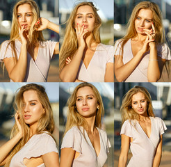 Set photos of adorable model wears pink dress posing with evening sun light