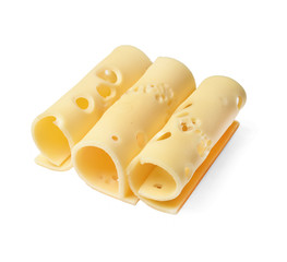 Rolled cheese pieces. White isolated background. Close-up. Side view from above.